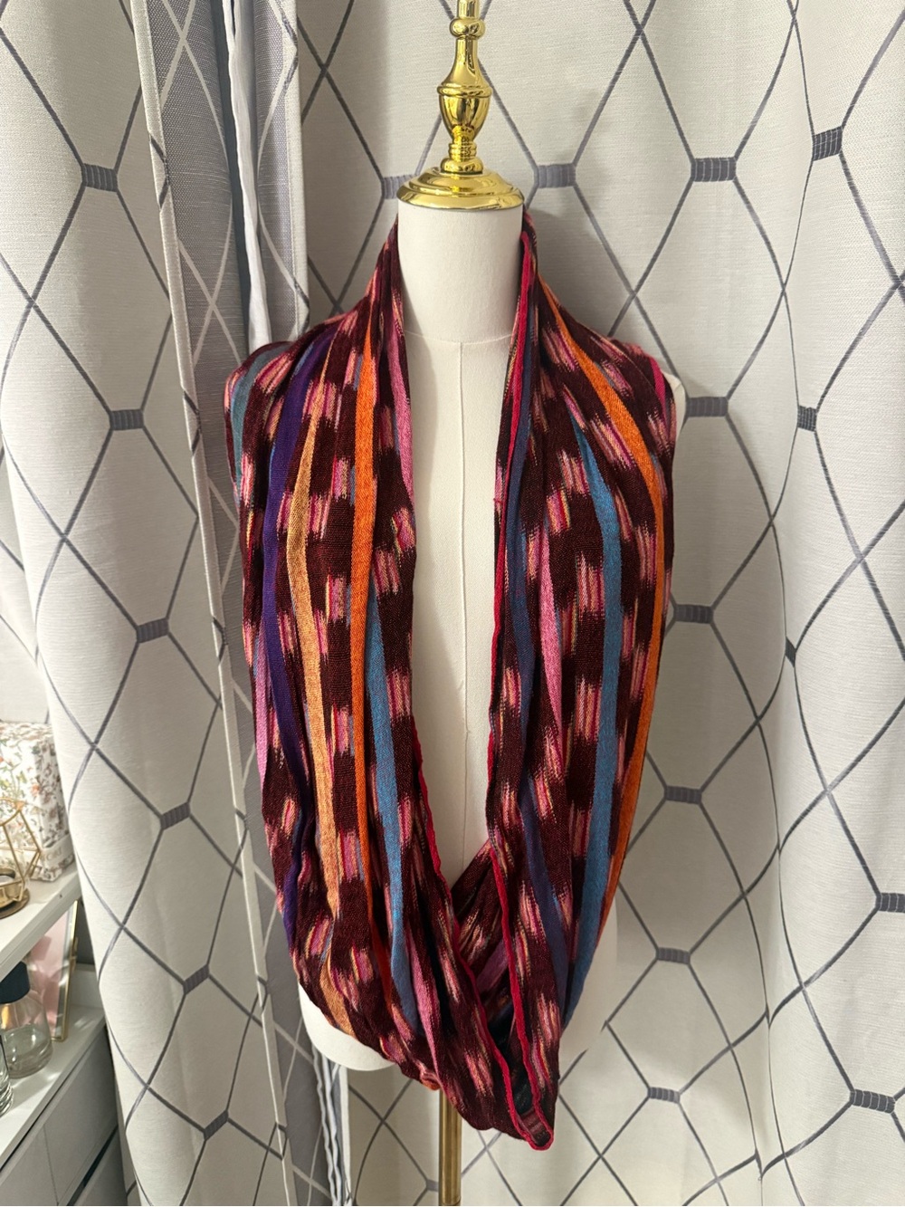 Guatemalan Multicolor Infinity Scarf - Burgundy with Pink, Orange & Blue Accents